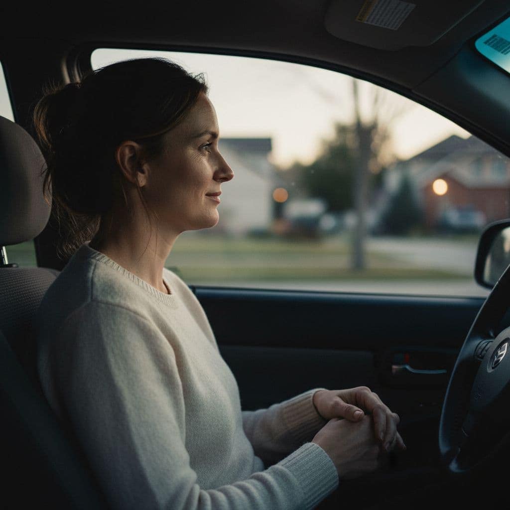 Person sits in dimly lit car at dusk, looking thoughtfully out side window. She learned how to stop arguing in a relationship.