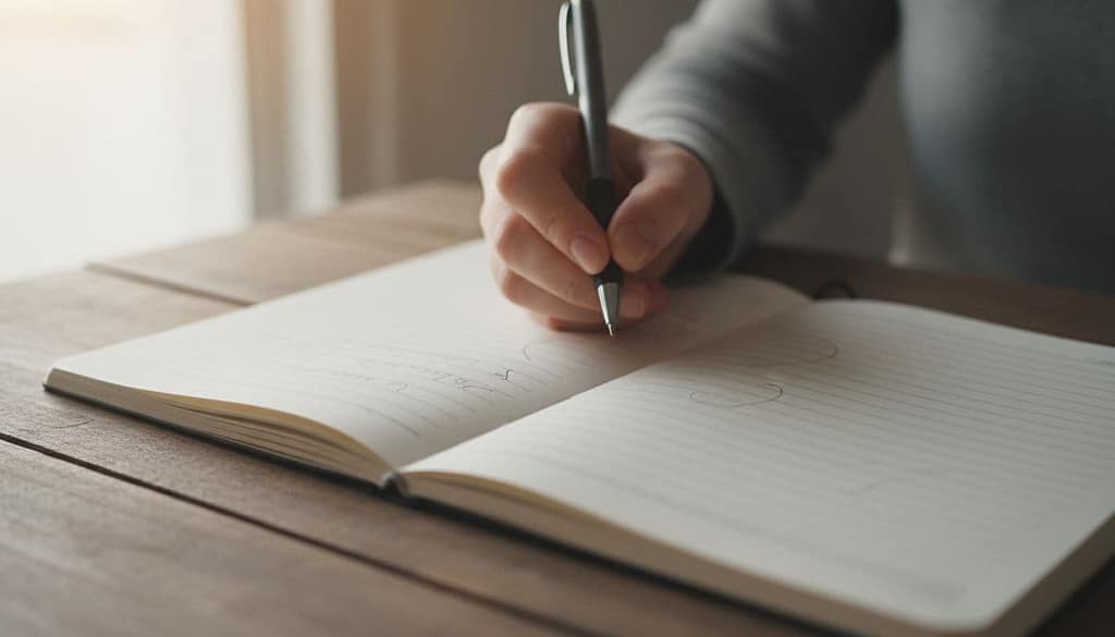 A close-up of a person writing in a notebook under warm, natural light.