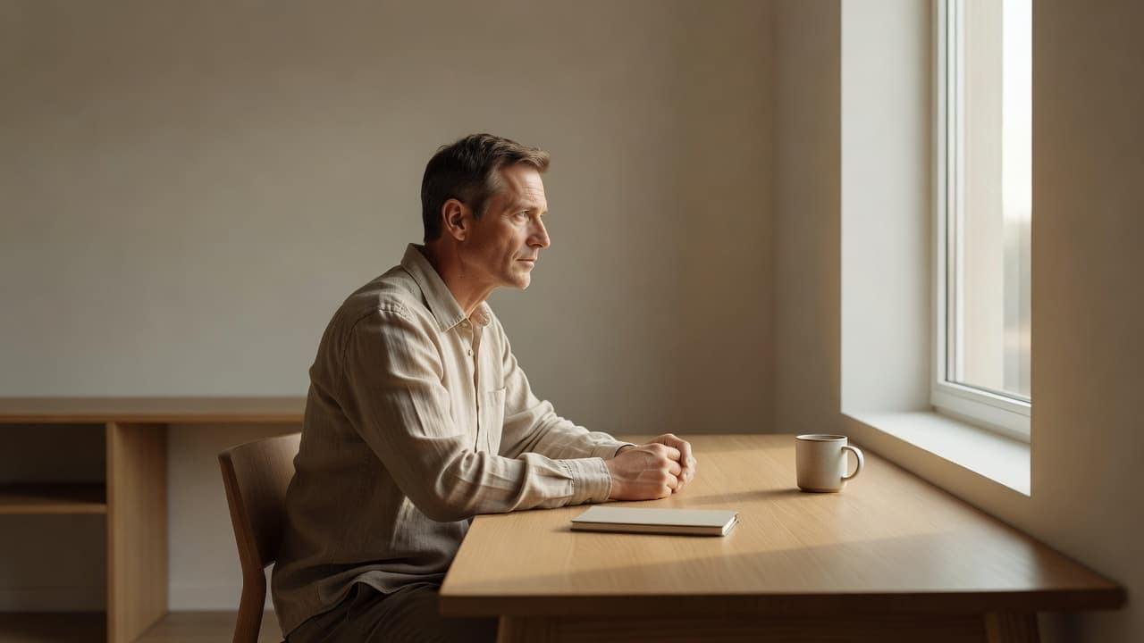 A man in his forties sits alone at a minimalist wooden desk, gazing out a window during golden hour. Soft afternoon light illuminates his profile as he rests in quiet, introspective silence.