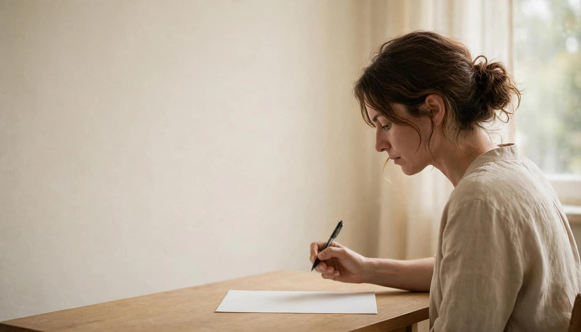 An adult pauses with a pen over blank paper at a simple desk.