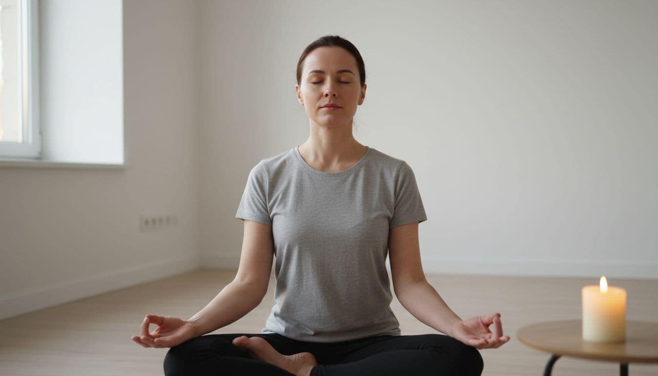 A single person sits cross-legged in a quiet minimalist room, meditating peacefully with eyes closed and a serene face under soft warm lighting practicing emotional sovereignty. Close composition on the upper body captures a photorealistic tranquil style with hands relaxed in lap.