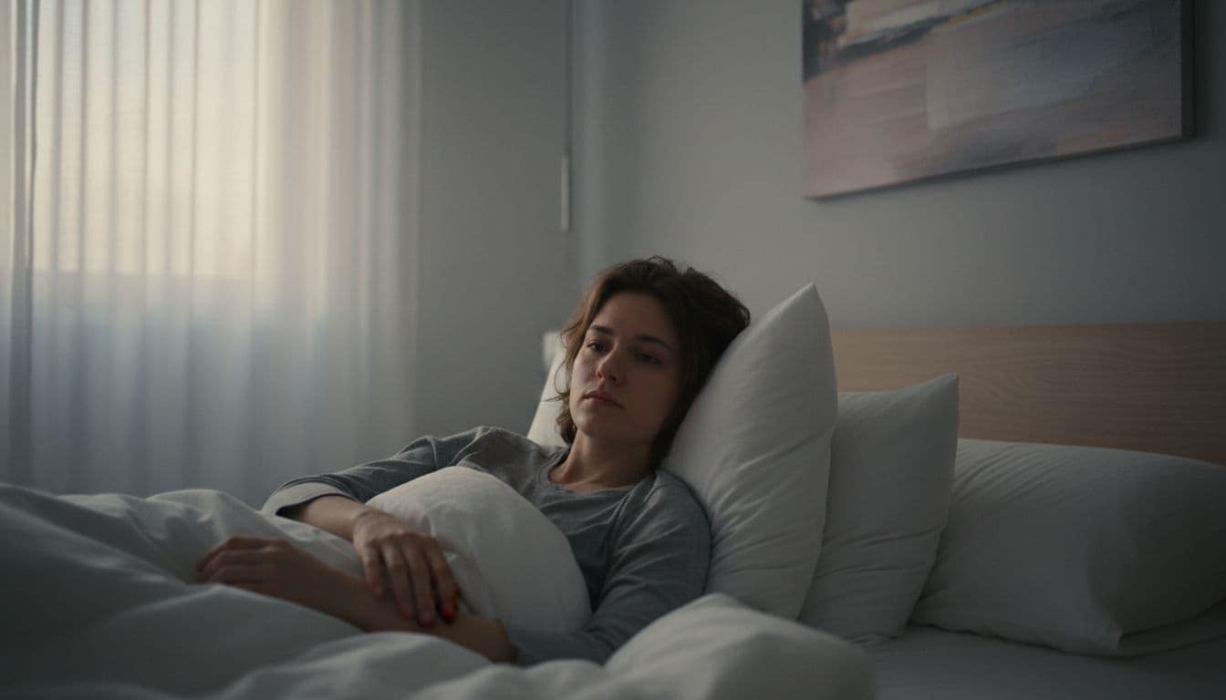 A calm bedroom at dawn with one person sitting up in bed, subtle moody expression, soft morning light through curtains, close-up on upper body and face in serene realistic style.