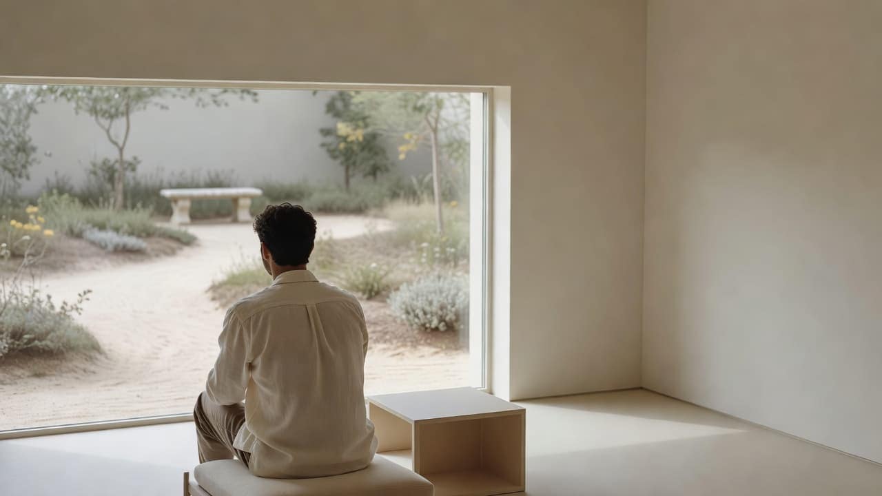 A person sits with their back to the camera, gazing through a large glass window into a tranquil garden. He is pondering about - Why do I feel off?