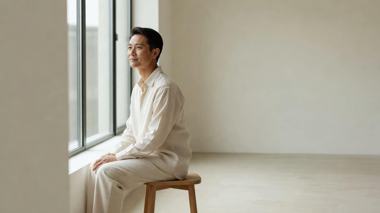 A calm individual sits near a bright window in a minimalist, sun-drenched room. The soft natural light emphasizes their thoughtful expression and the neutral, airy tones of the serene living space.