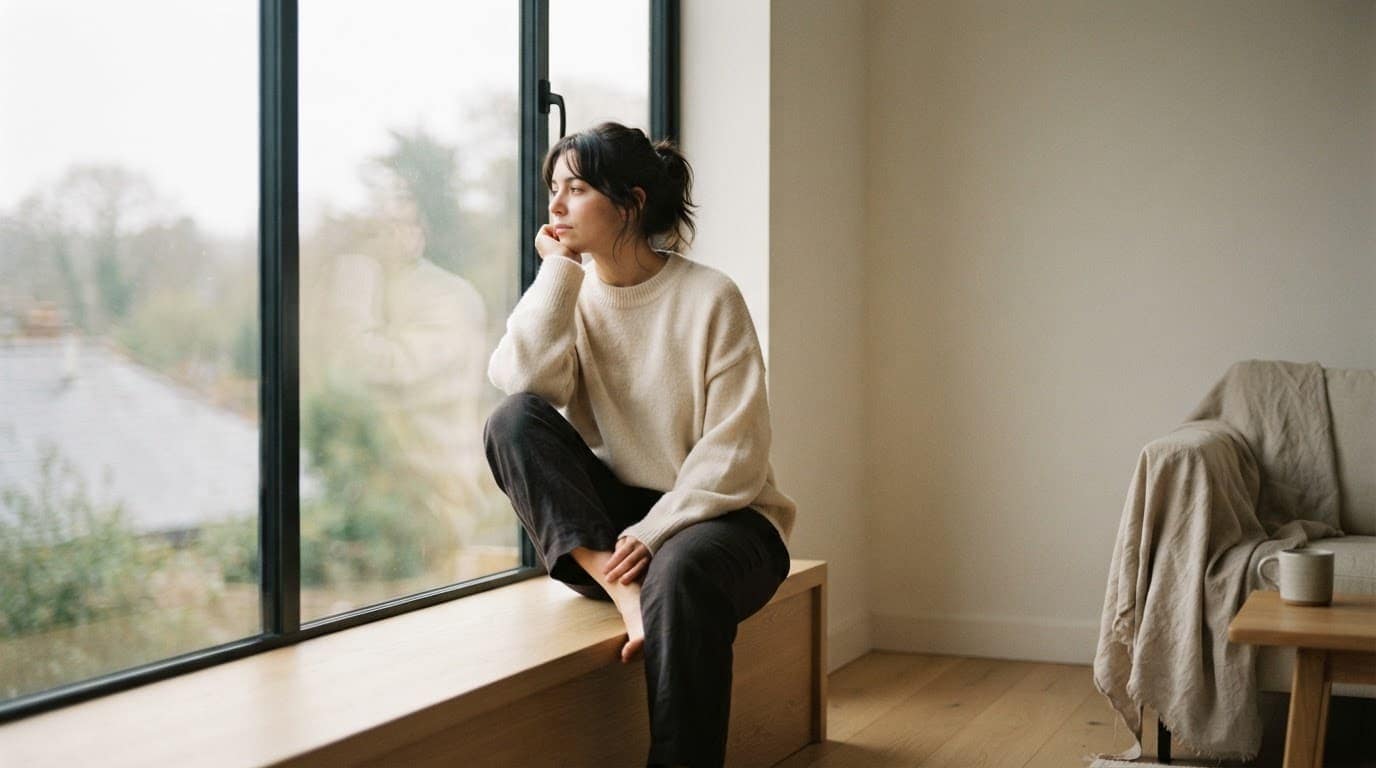 A person sitting quietly by a large window in a minimalist room.