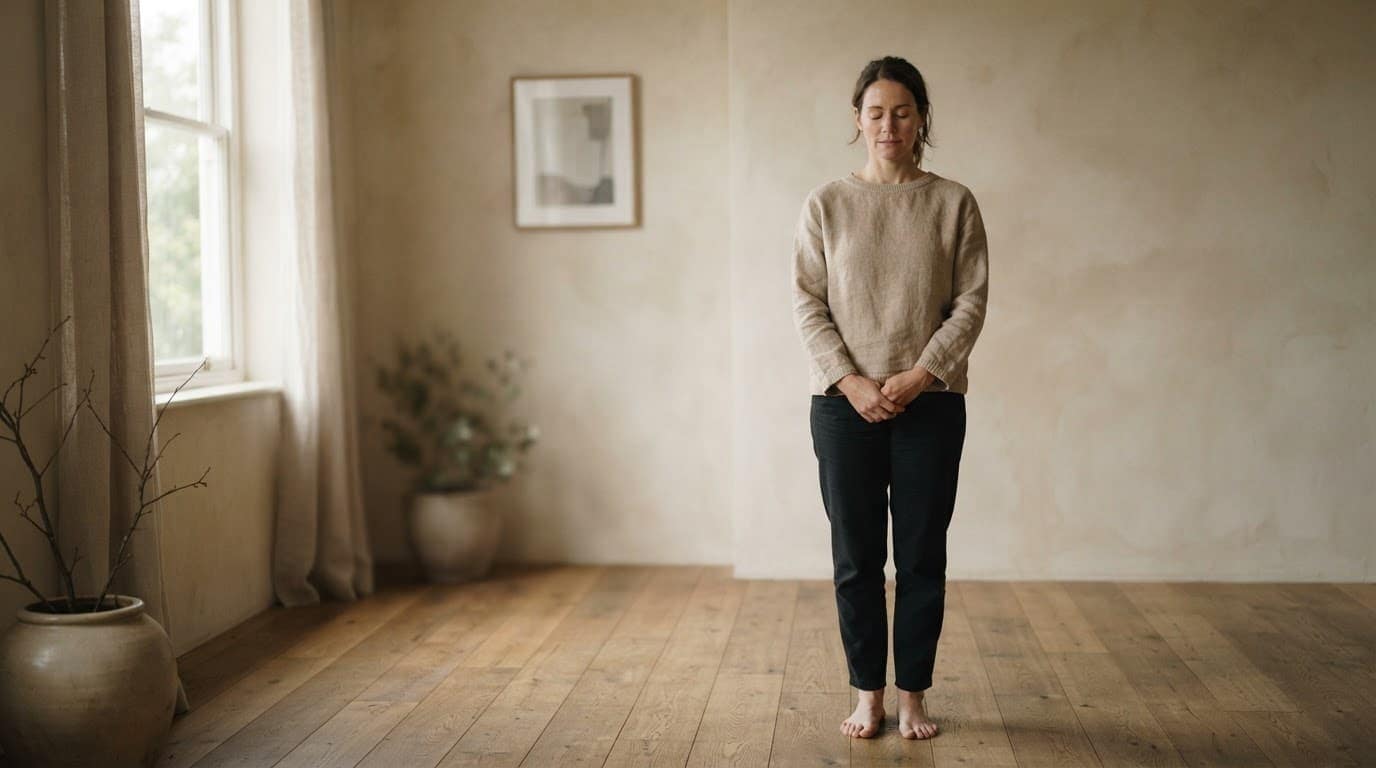 A person stands quietly in a softly lit neutral room with hands gently resting.