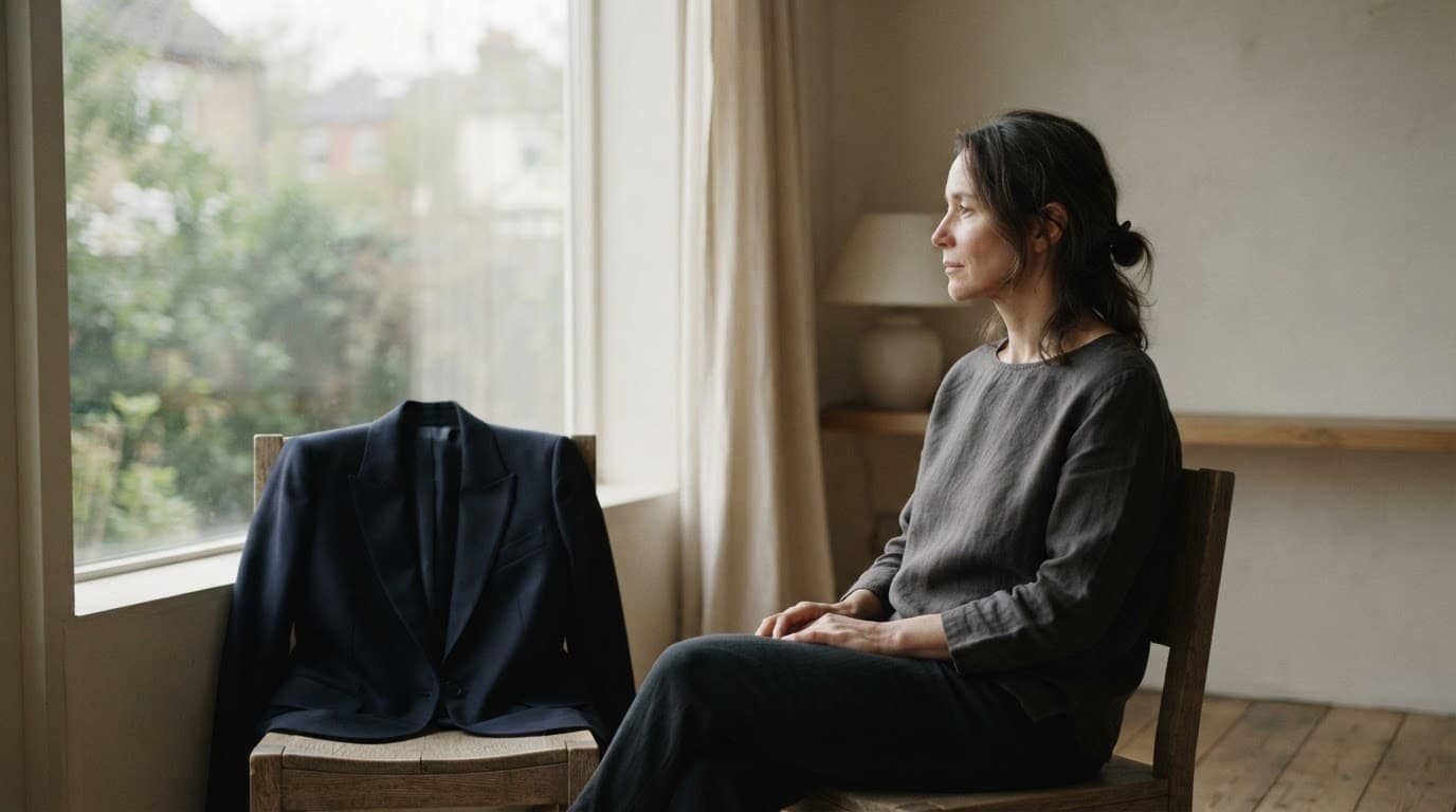 A person sits quietly by a window while a polished jacket rests on a chair.